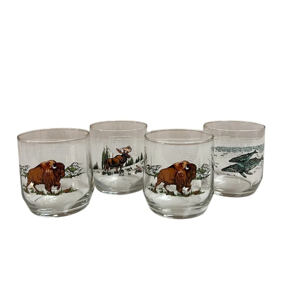 4 Vintage American Wildlife Glasses Sunoco Bison Humpback Whale Moose Libbey‎